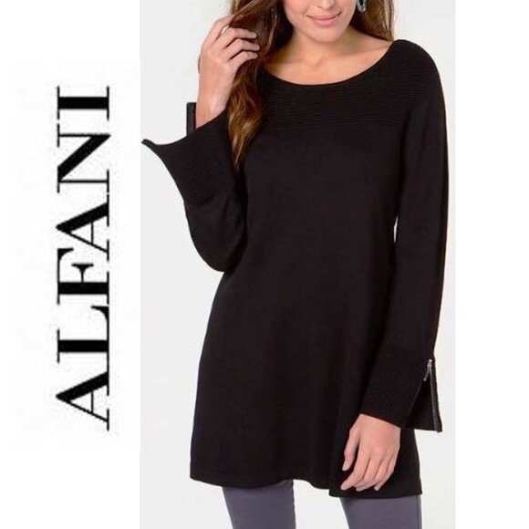 Alfani, Black long sleeve tunic sweater with zipper detail at the cuffs - Picture 1 of 11